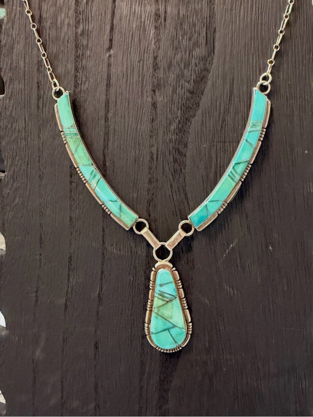 Vintage Native Turquoise Inlay Teardrop Pendant Necklace